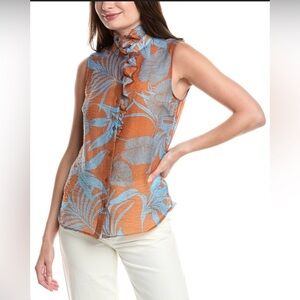 Cabi Tropical Leaf Print Sleeveless Blouse Orange and Blue casual size S
